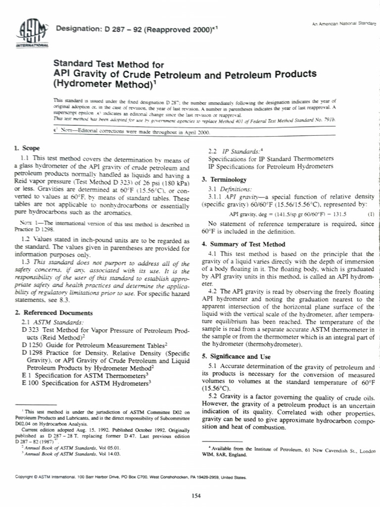 D 287 API Gravity of Crude Petroleum and Petroleum Products | PDF