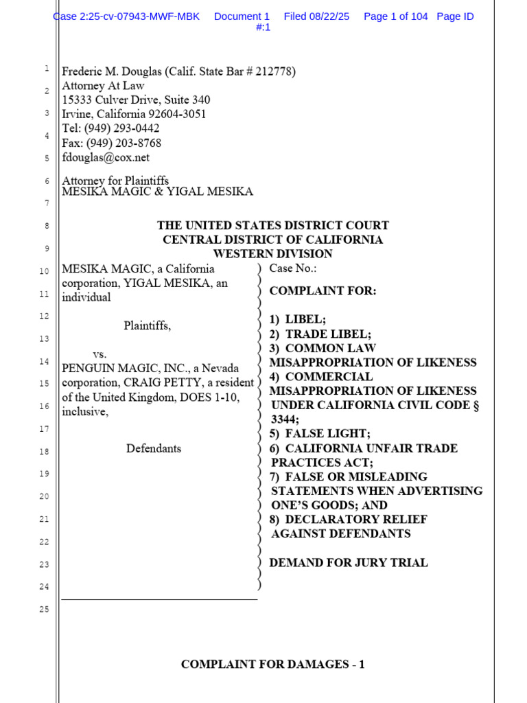Civil Complaint Yigal Mesika Vs Craig Petty and Penguin Magic | PDF ...
