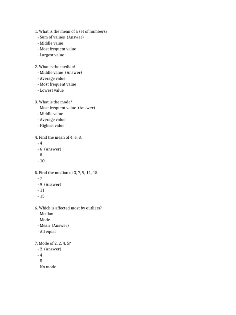 40 Basic Statistics MCQ With Answers | PDF | Mode (Statistics) | Mean