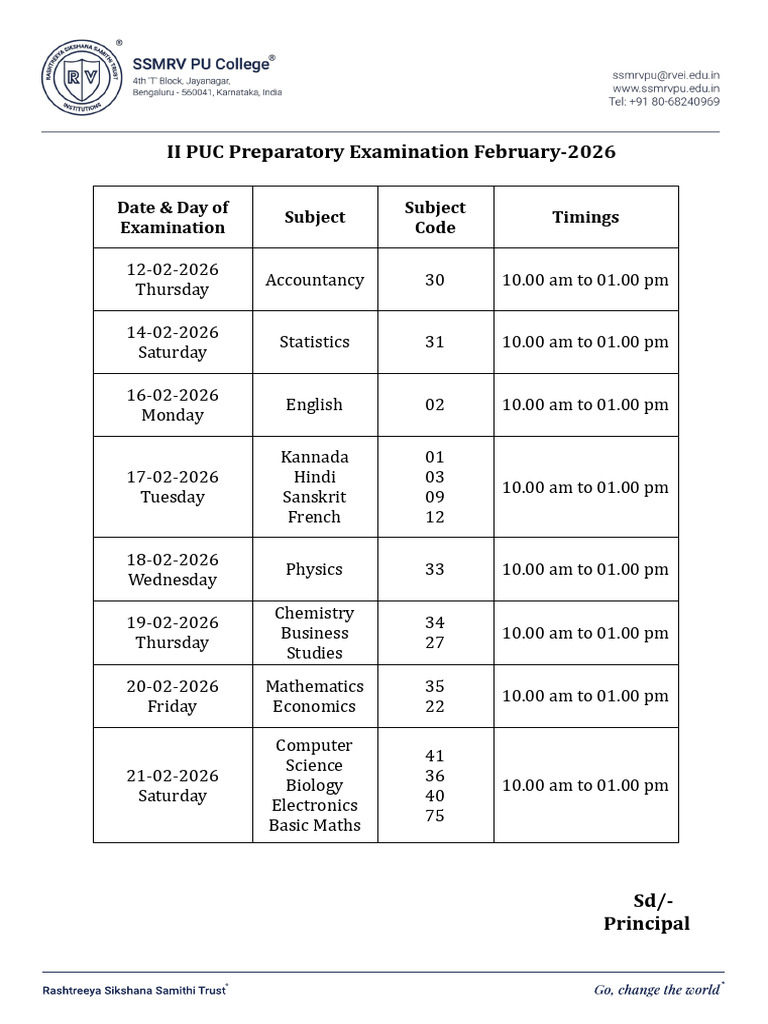 SSMRV II PU Preparatory Examination Time Table - February 2026 | PDF