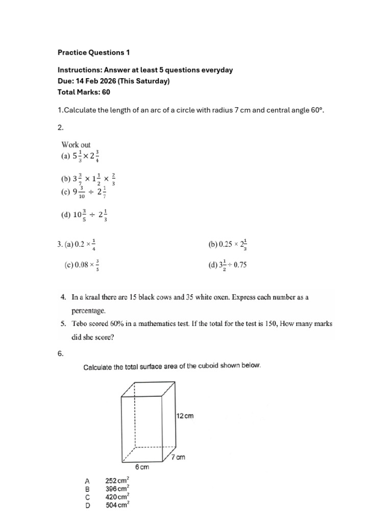 Maths Practice Questions1 | PDF | Area | Circle