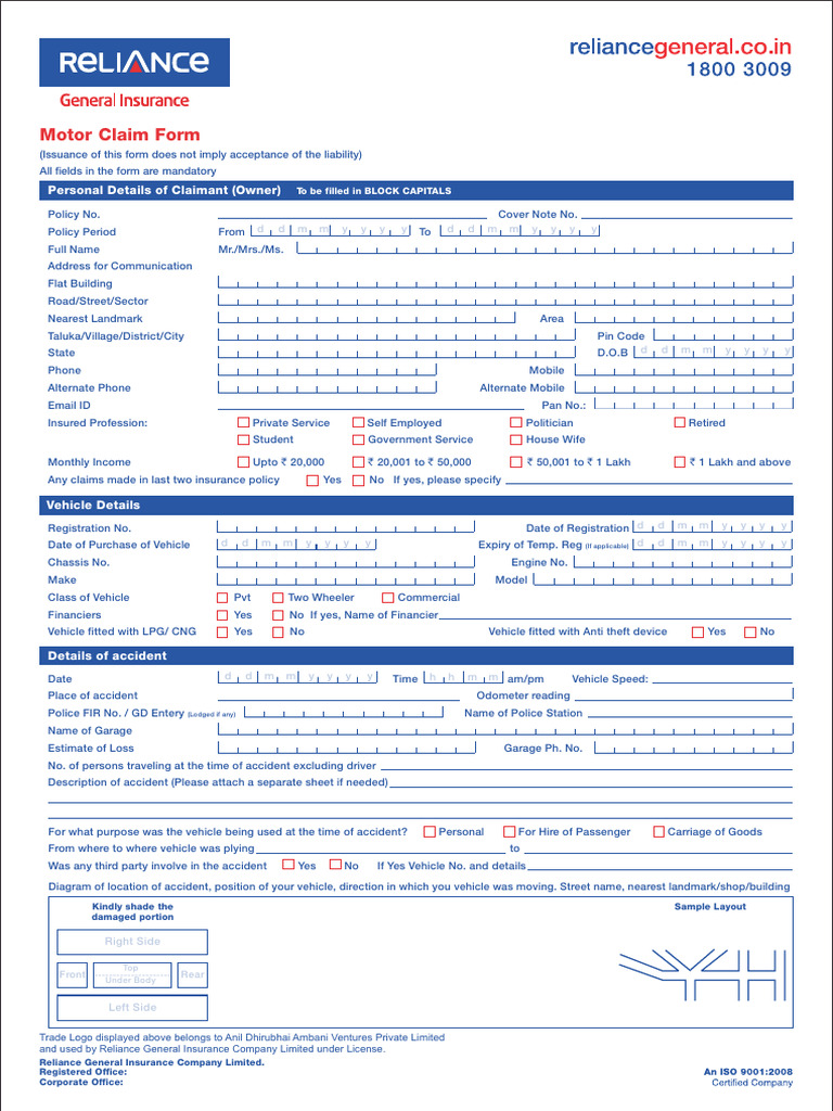 Reliance - New Motor Claim Form For Cars and Two Wheelers | PDF | Insurance
