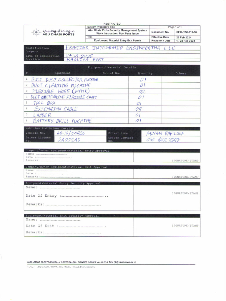 Tools Entry Exit Permit | PDF