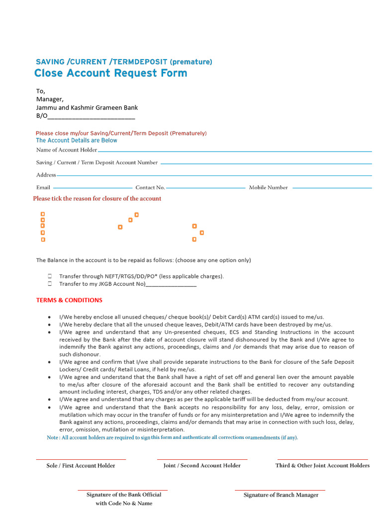 Close Account Request Form | PDF | Banks | Cheque