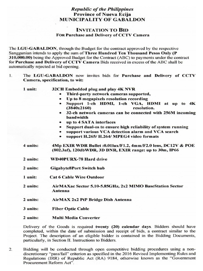 Invitation To Bid ForPurchase and Delivery of CCTV Camera | PDF