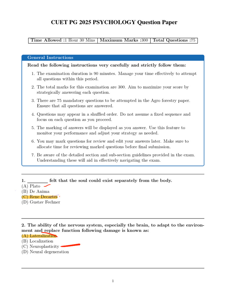 CUET PG 2025 Psychology Copy Ques | PDF | Wechsler Adult Intelligence ...