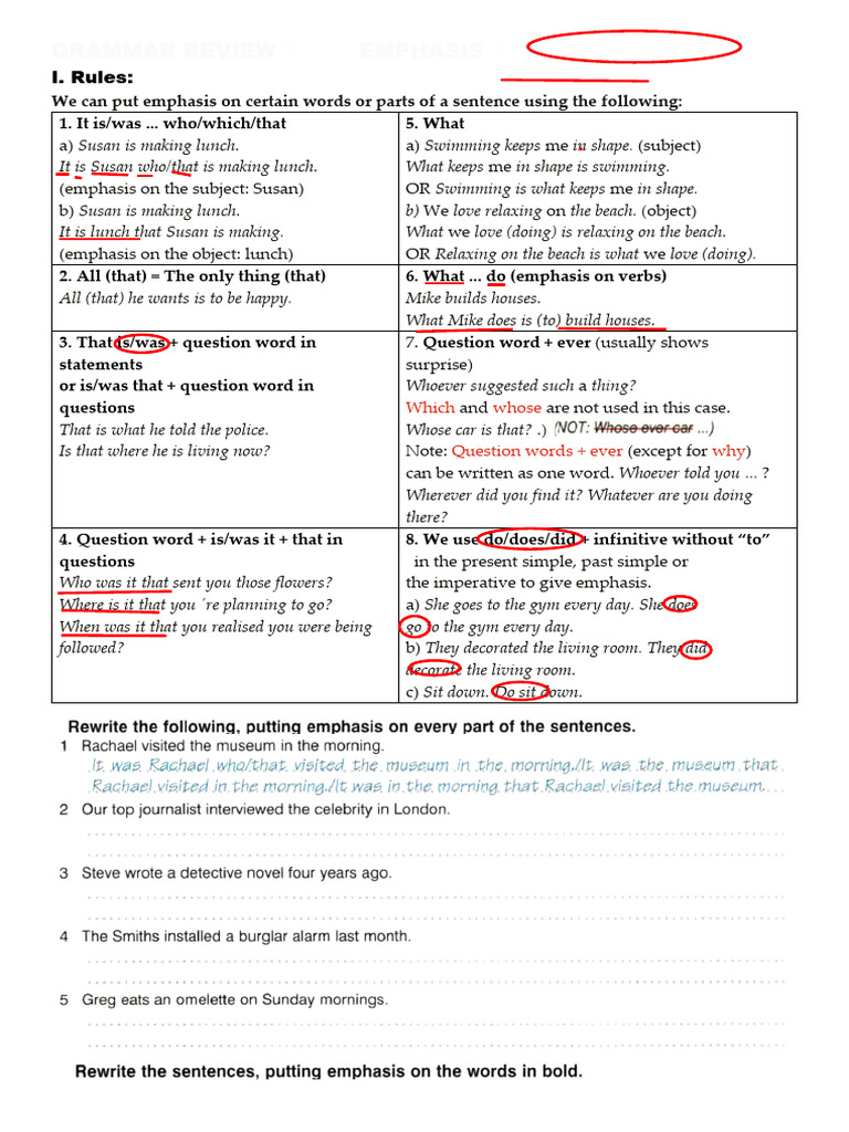 Grammar Focus 6. Emphasis | PDF | Subject (Grammar) | Linguistic Morphology