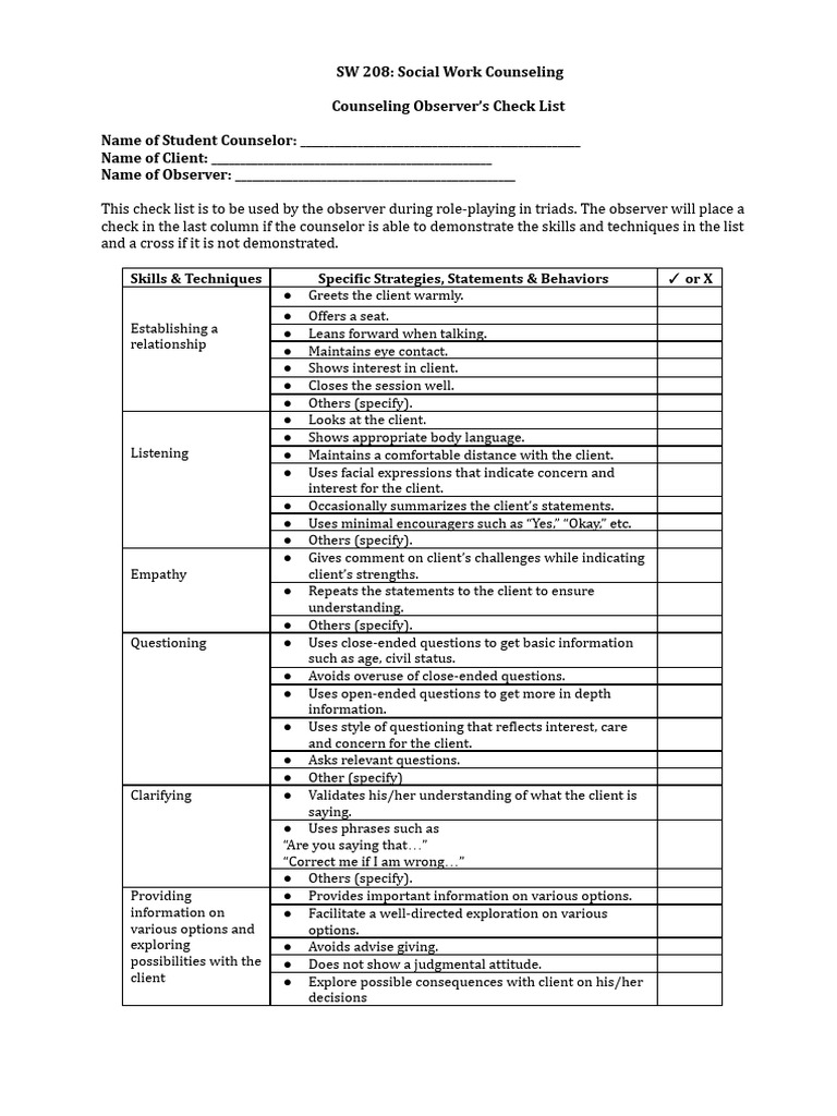 Observers Checklist DCP 2026 | PDF | Communication | Psychological Concepts