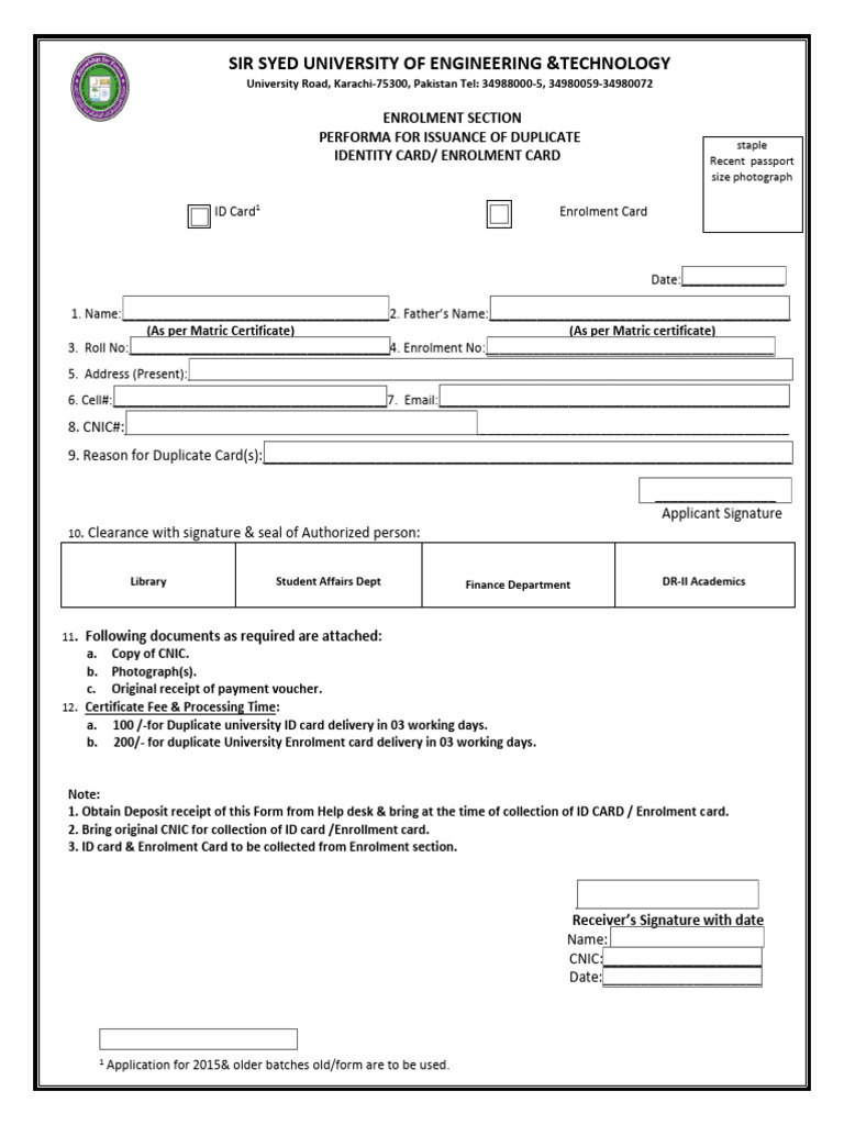 Duplicate Enrolment or ID Card Form For Old Students | PDF | Identity ...