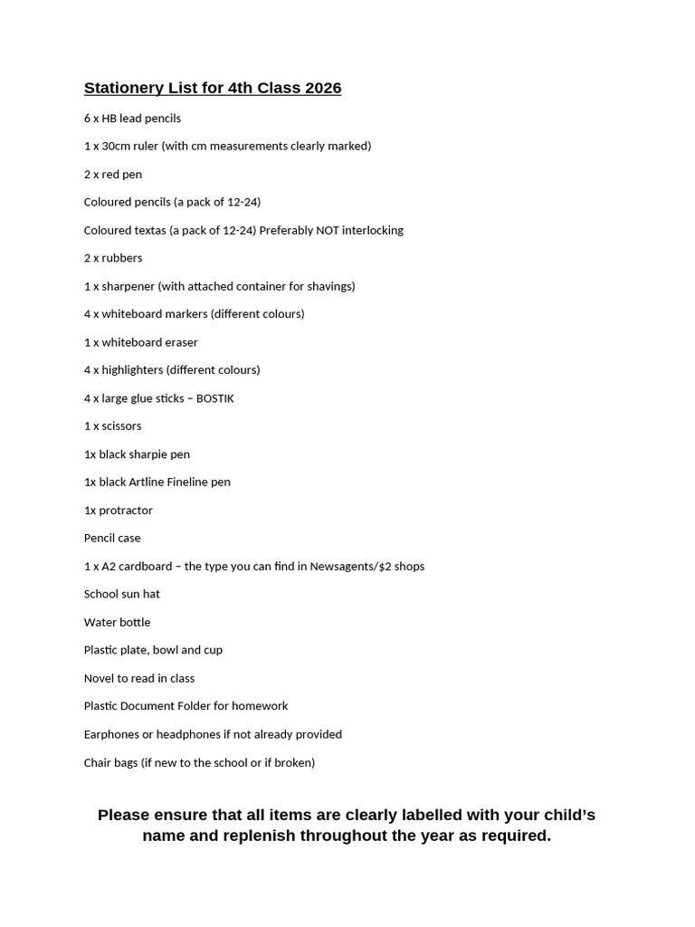 Stationery List For 4th Class 2026 | PDF