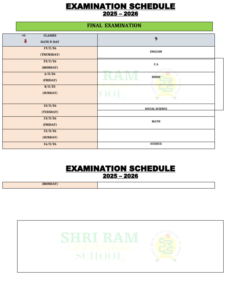 Class 9 Final Term Datesheet | PDF
