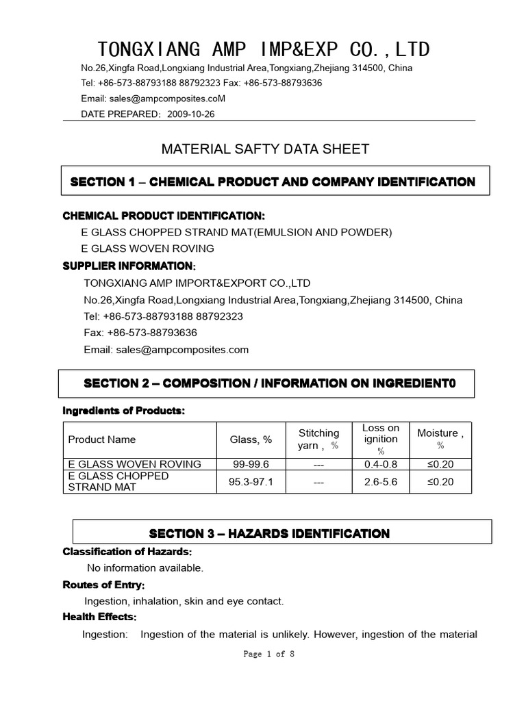 MSDS-AMP Composites CSM Powder 450gsm | PDF | Fiberglass | Water