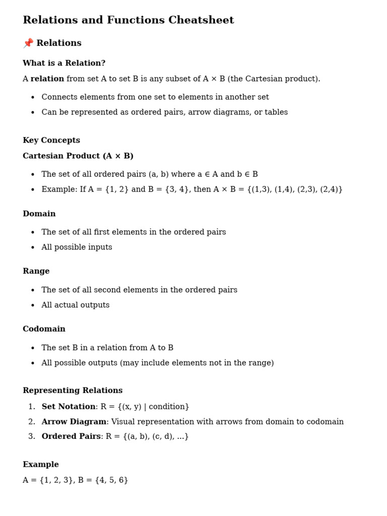 Relations Functions Cheatsheet - MD | PDF | Function (Mathematics ...