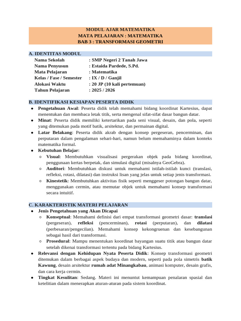 Modul Ajar Deep Learning Matematika Kelas IX - BAB 3 | PDF