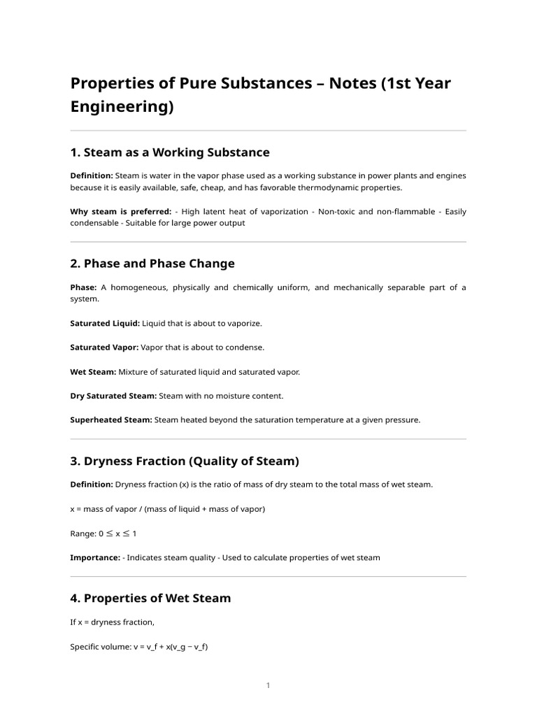 Properties of Pure Substances - Notes | PDF | Steam | Enthalpy
