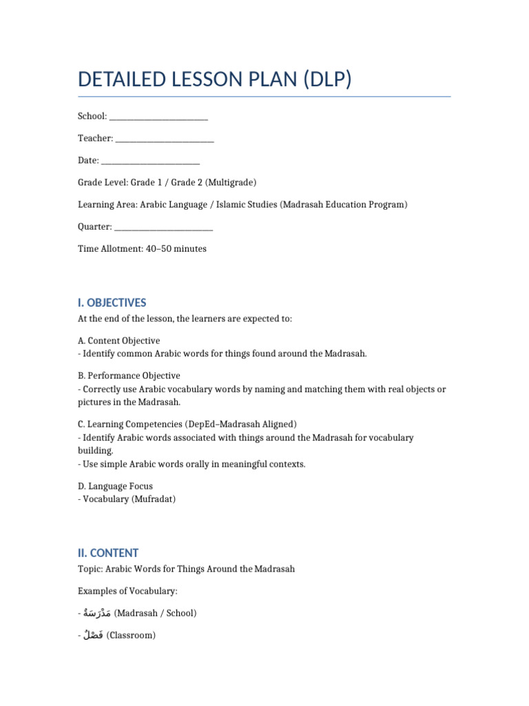 Detailed Lesson Plan Arabic Vocabulary | PDF | Learning | Teaching