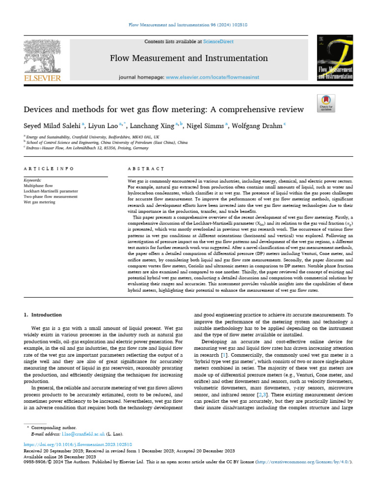Salehi Et Al (2024) Wet Gas Review | PDF | Flow Measurement | Gases