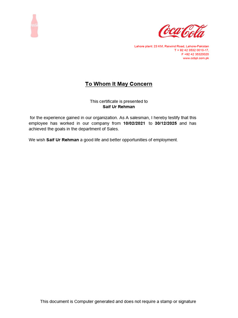 Saif Experience Letter COCACOLA | PDF