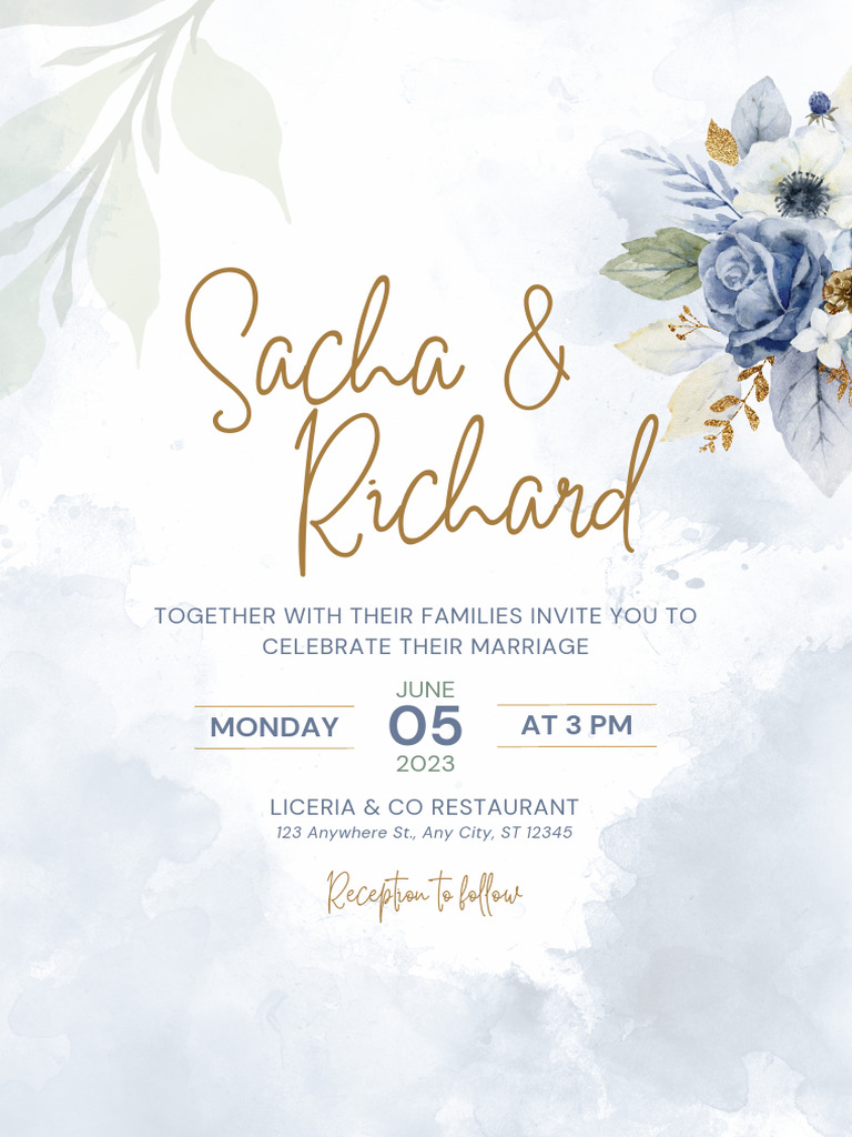 Dusty Blue and Gold Elegant Floral Watercolor Wedding Invitation Poster ...