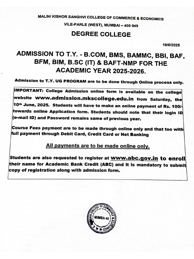 Ty - Admission Notice - Ug Program - 2025-2026 | PDF