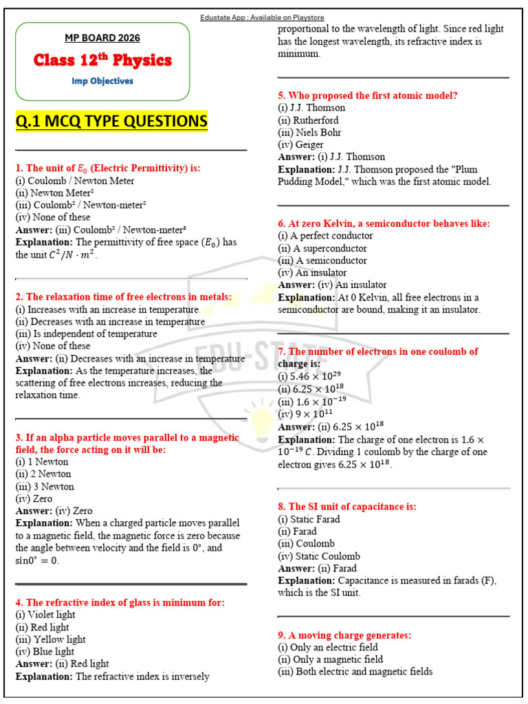 Q.1 MCQ Type Questions: Class 12 Physics | PDF | Electric Current | P–N ...
