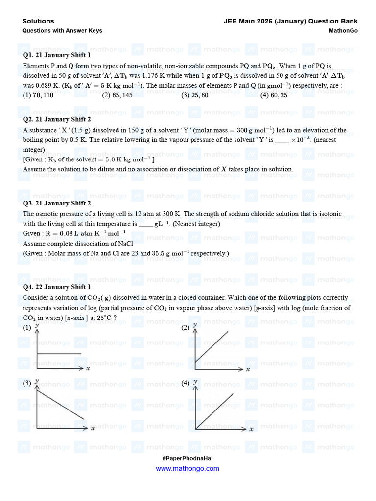 Solutions - JEE Main 2026 (Jan) - MathonGo-1 | PDF | Water | Mole (Unit)