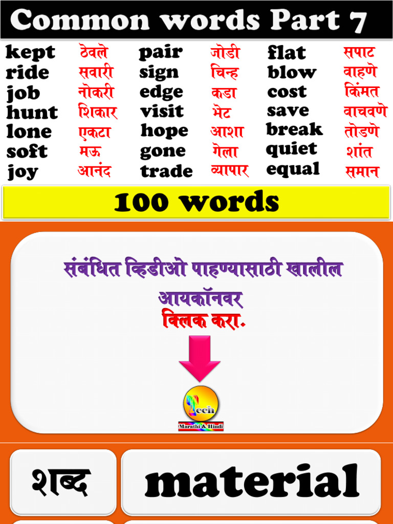 100 English Words With Marathi Meanings Part 7 | PDF