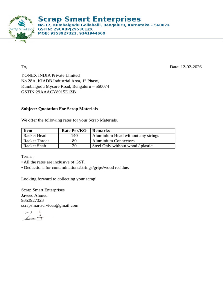 Scrap Quotation - Yonex | PDF