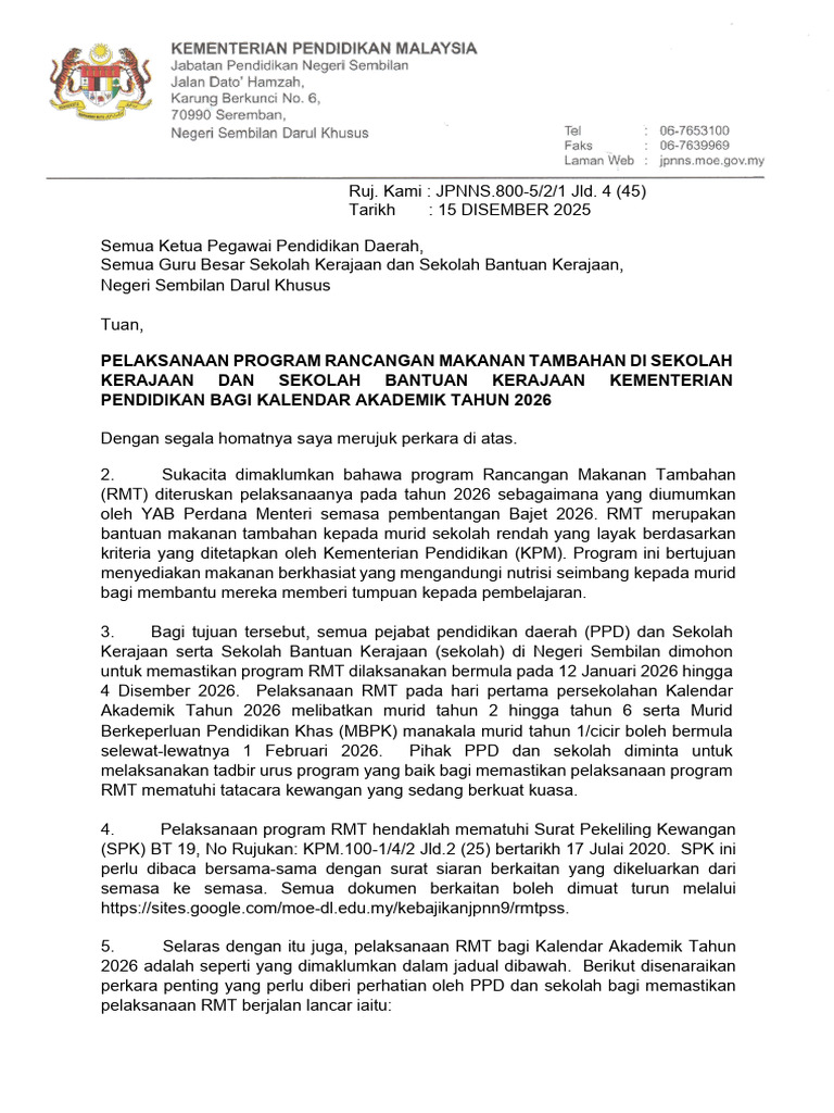 RMT Surat Pelaksanaan RMT 2026 | PDF