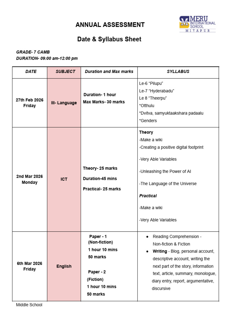 Grade 7 CAMB - Annual Assessment Syllabus and Date Sheet | PDF | Verb ...