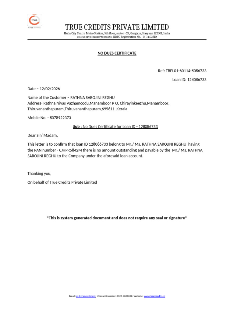 True Credits Private Limited: No Dues Certificate | PDF