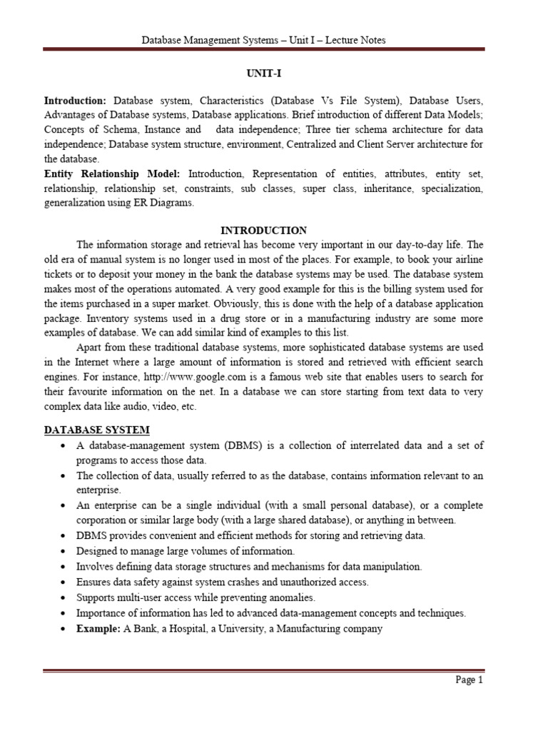 DBMS Unit 1 Notes | PDF | Databases | Data Model
