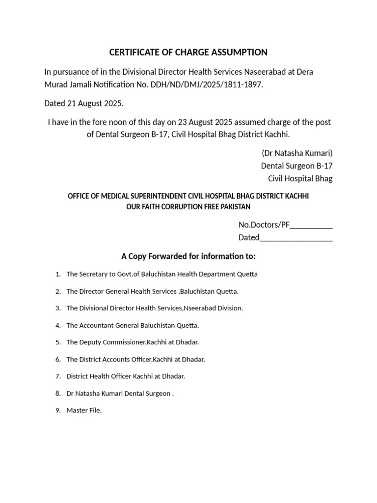Certificate of Charge Assumption: A Copy Forwarded For Information To | PDF