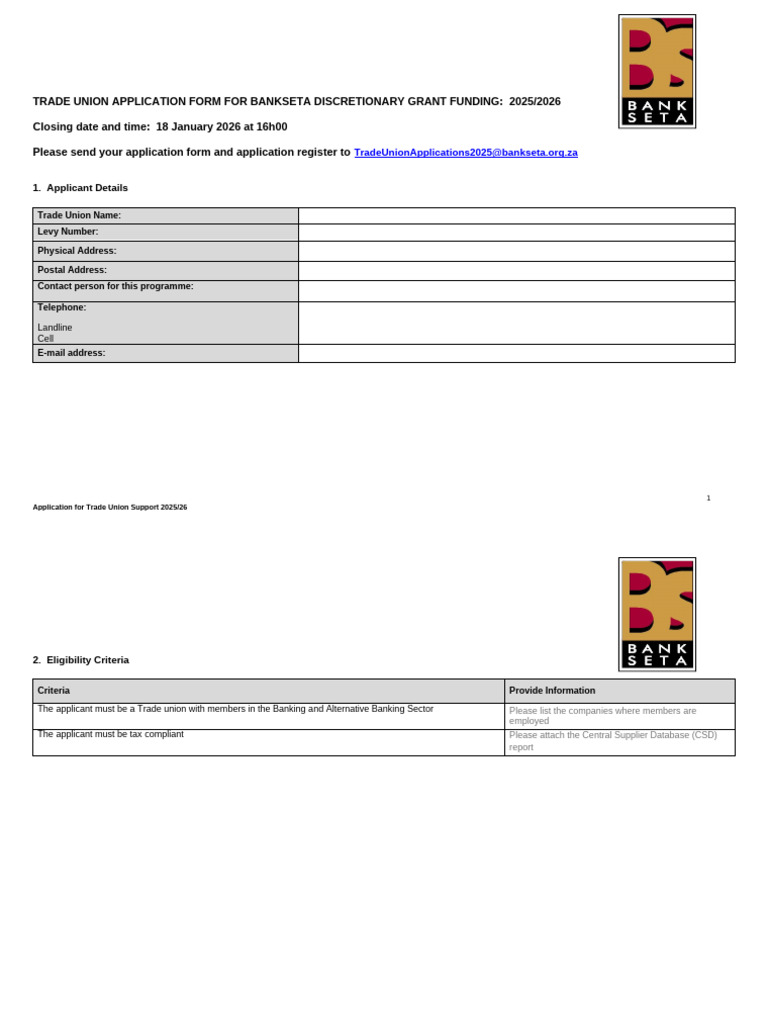 Application Form Trade Union Applications 2025 2026 | PDF | Trade Union