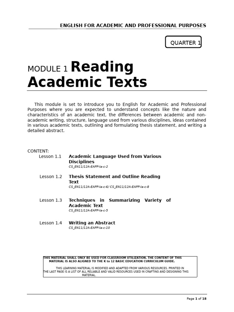 Module 1 - Reading Academic Texts | PDF | Abstract (Summary) | Learning