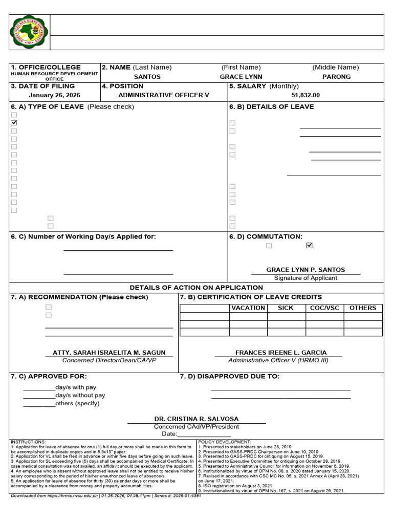 NVSU FR HRM 01 01 CS Form 6 Revised 2020 | PDF