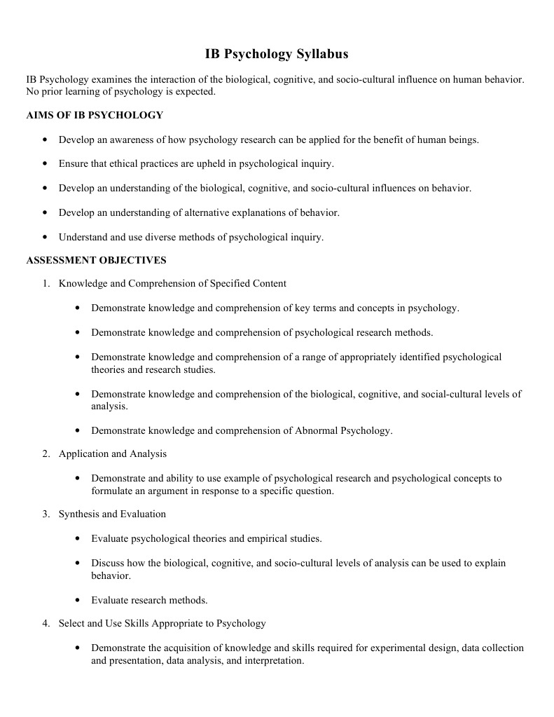 IB Psychology Syllabus Psychology & Cognitive Science Reading