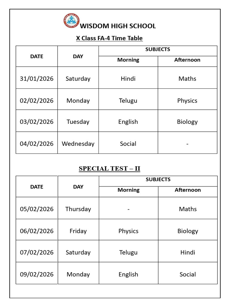 X Class Exams TimeTable | PDF