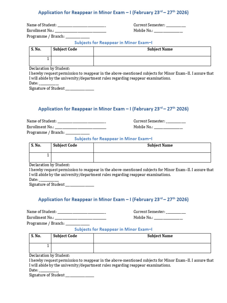 Reappear Minor Exam Form | PDF