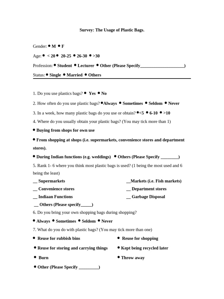 Questionnaire Plastic Bags | PDF | Reuse | Waste