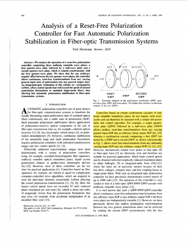 Analysis of A Reset-Free Polarization Controller For Fast Automatic ...