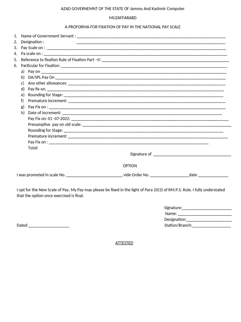 Pay Scale Fixation Form Profroma | PDF