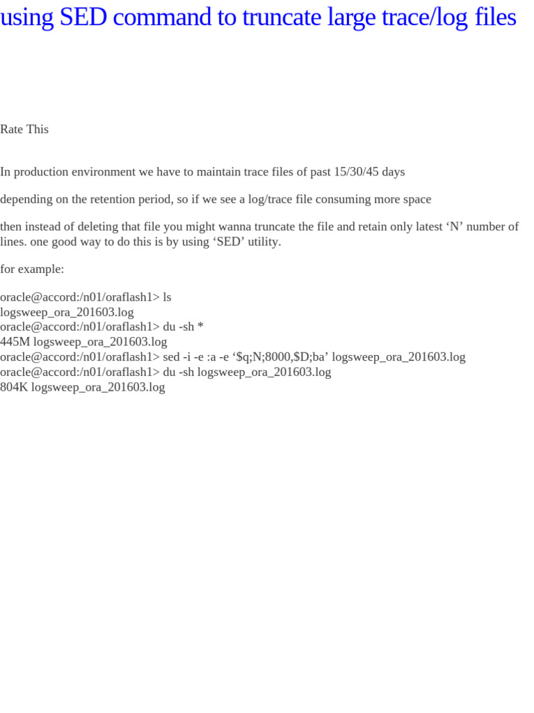 Using SED Command To Truncate Large Trace | PDF