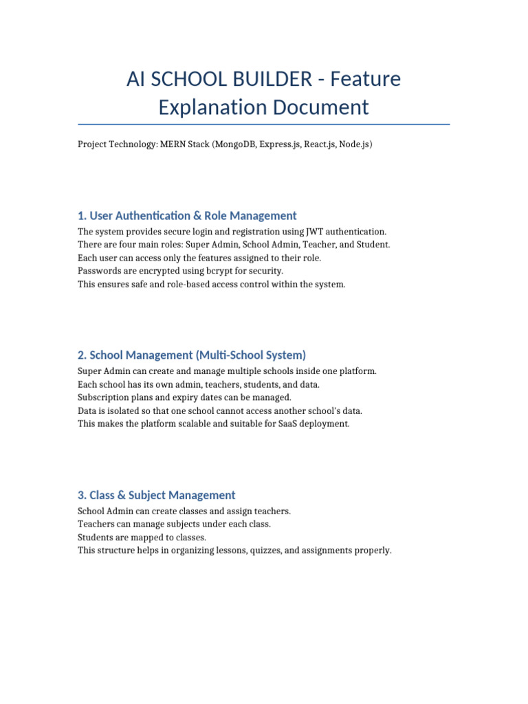 AI School Builder Feature Explanation Document | PDF | Artificial ...