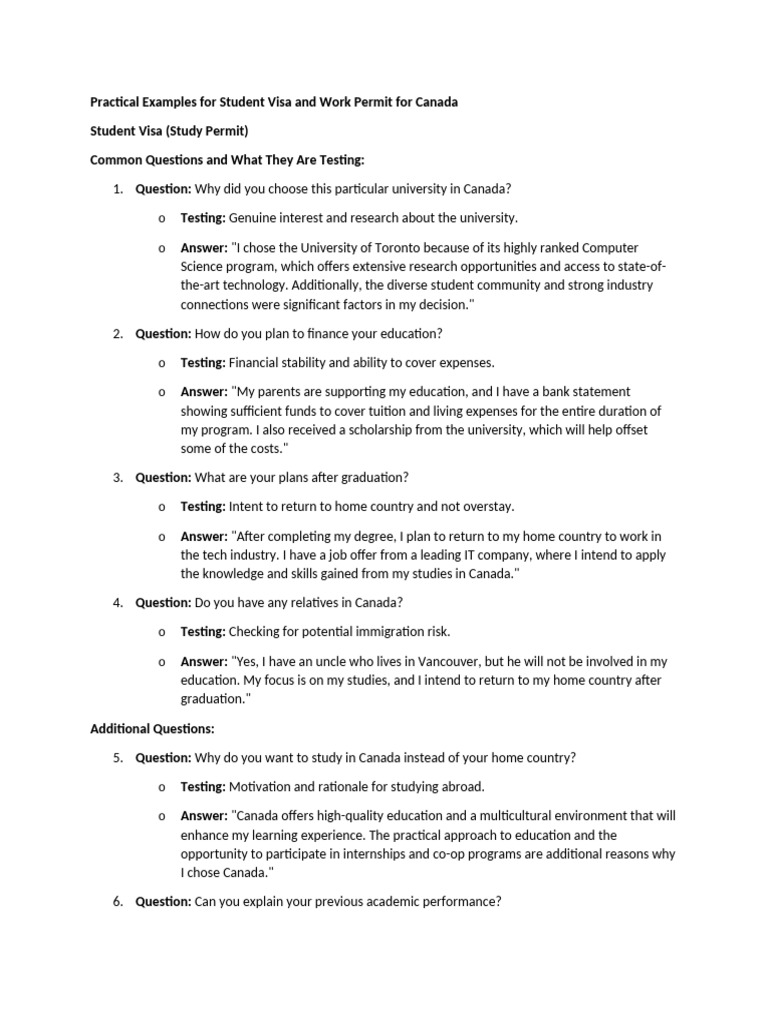 Practical Examples For Student Visa and Work Permit For Canada | PDF