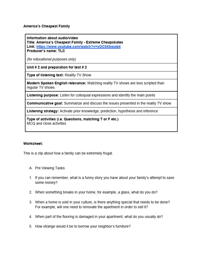 (Unit 2 - Student) Americas Cheapest Family - Extreme Cheapskates | PDF ...