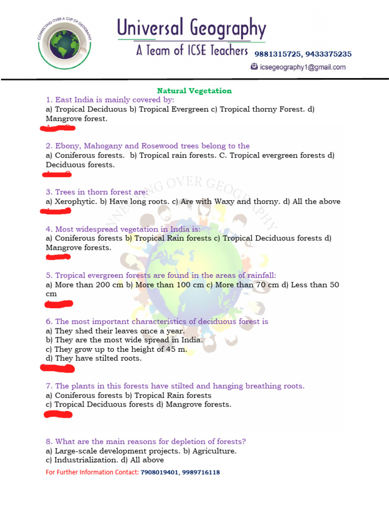 MCQ ON NATURAL VEGETATION | PDF | Forests | Trees