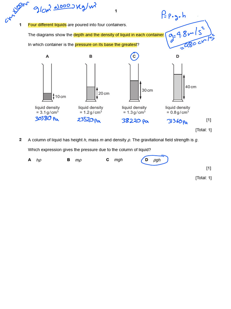 9B - T2 - W2 - Homework - Pressure | PDF | Pressure | Density