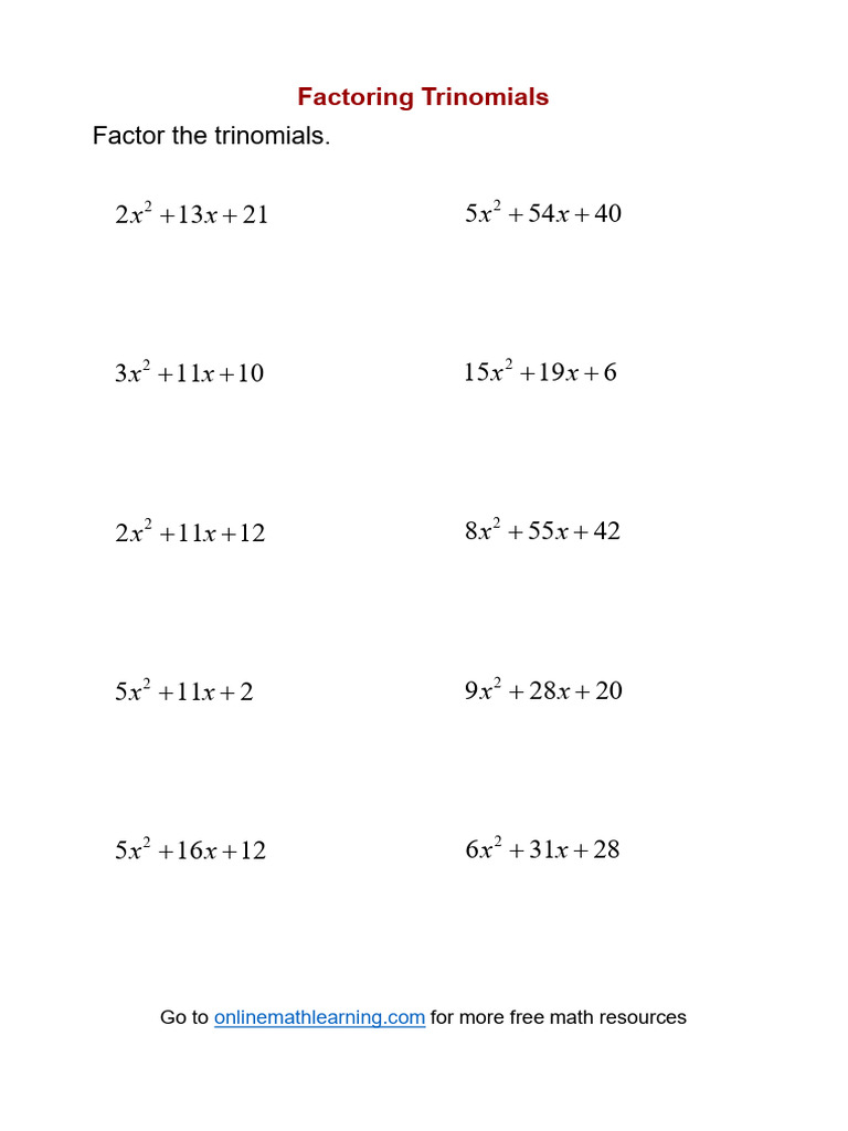 Factor Trinomials Worksheet 1