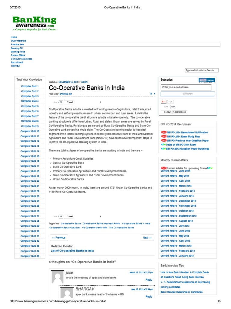 Co-Operative Banks in India | PDF | Financial Services | Banking